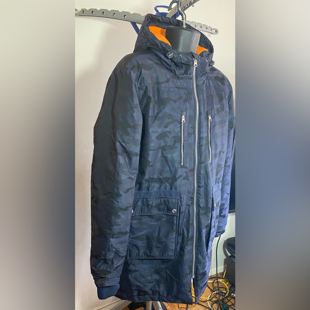 💙Slate & Stone Long Hooded Parka Coat Blue Black Camo Size L - Picture 8 of 15
